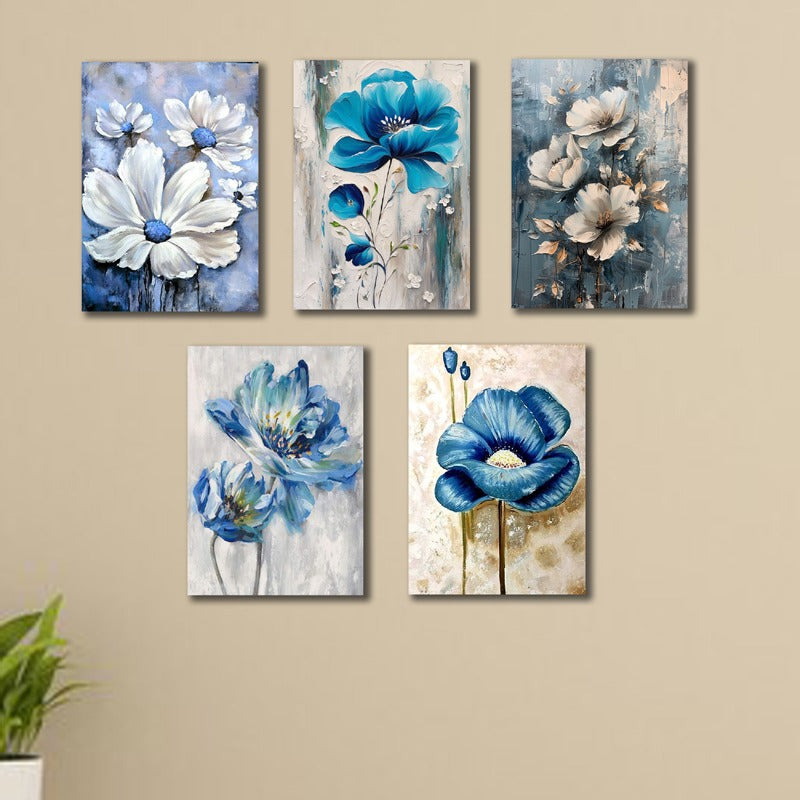 set of 5 blue flowers wall art wooden frames for home decoration / sticky photots