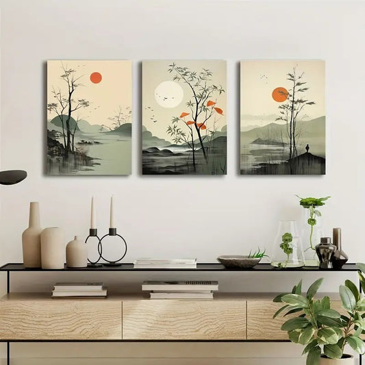 3pcs Wall Art Set – Modern Classic Style Painted Scenes, Wood Mdf  Photo Tile Frame Orientation For Living Room, Bedroom, Home Office – Art Deco Themed Paintings