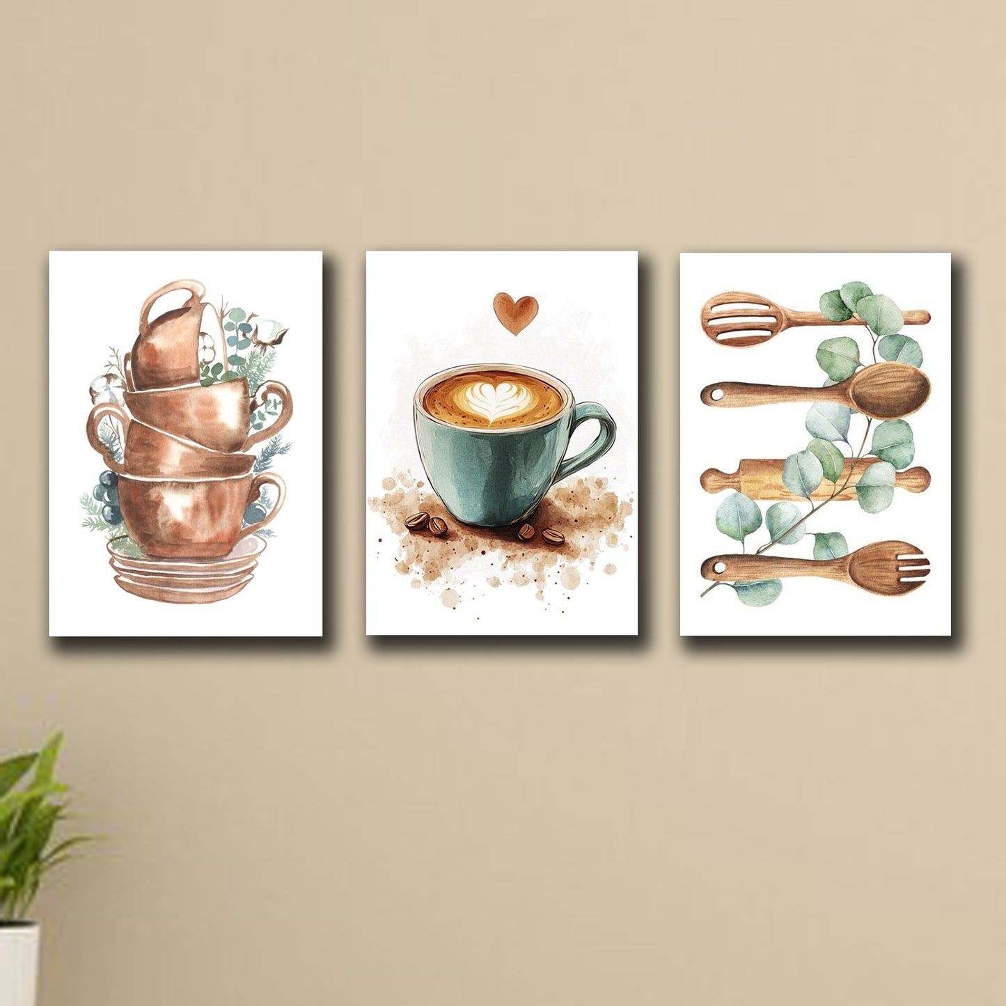 Set of 3 wall art sticky wooden canvas frames for dinning room and kitchen decor / sticky phototiles