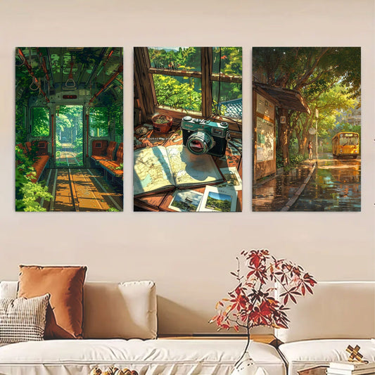 Set Of 3 Nature Art Wooden Frames For Wall Decoration / Sticky Photo Tile