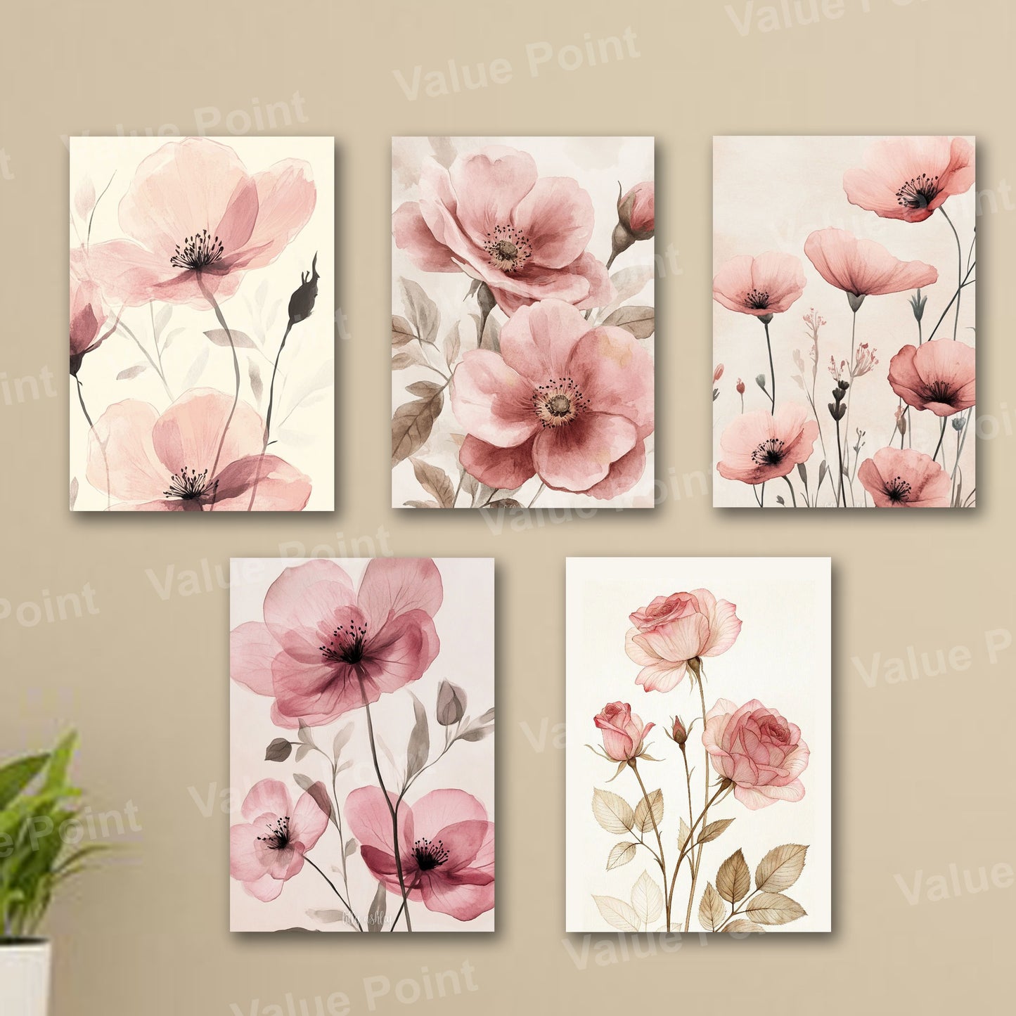 set of 5 pink flowers floral wall art wooden sticky frames for girls room home decoration / sticky phototiles