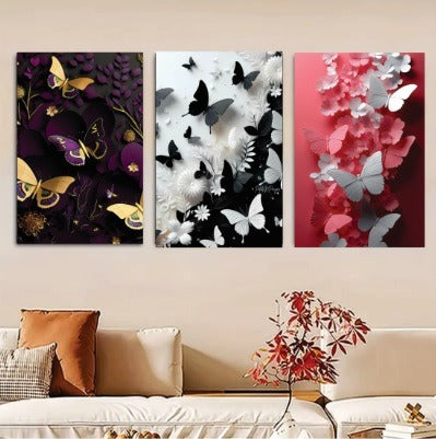 set of 3 Butterfly art wooden frames for wall decoration / sticky photo tile